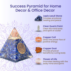 Bombay Crystals Export orgone pyramid lapis lazuli, closeup copper detail, promotes balanced ambient energy.