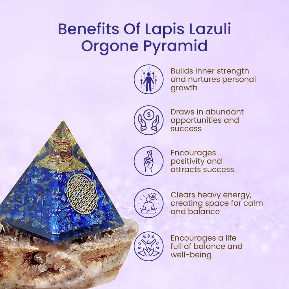 Bombay Crystals Export orgone pyramid lapis lazuli, emf protection angle, suggests shielding from digital clutter.
