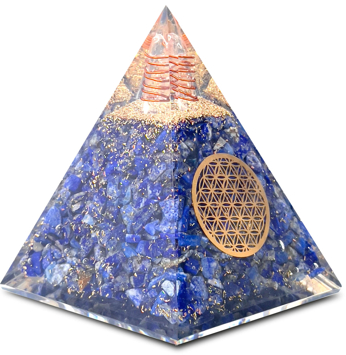 Bombay Crystals Export orgone pyramid with lapis lazuli, front view, enhances meditation energy and clarity.