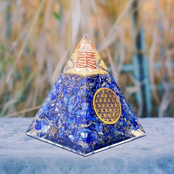 Bombay Crystals Export orgone pyramid lapis lazuli, meditation setup, inspires deep relaxation and mindful awareness.