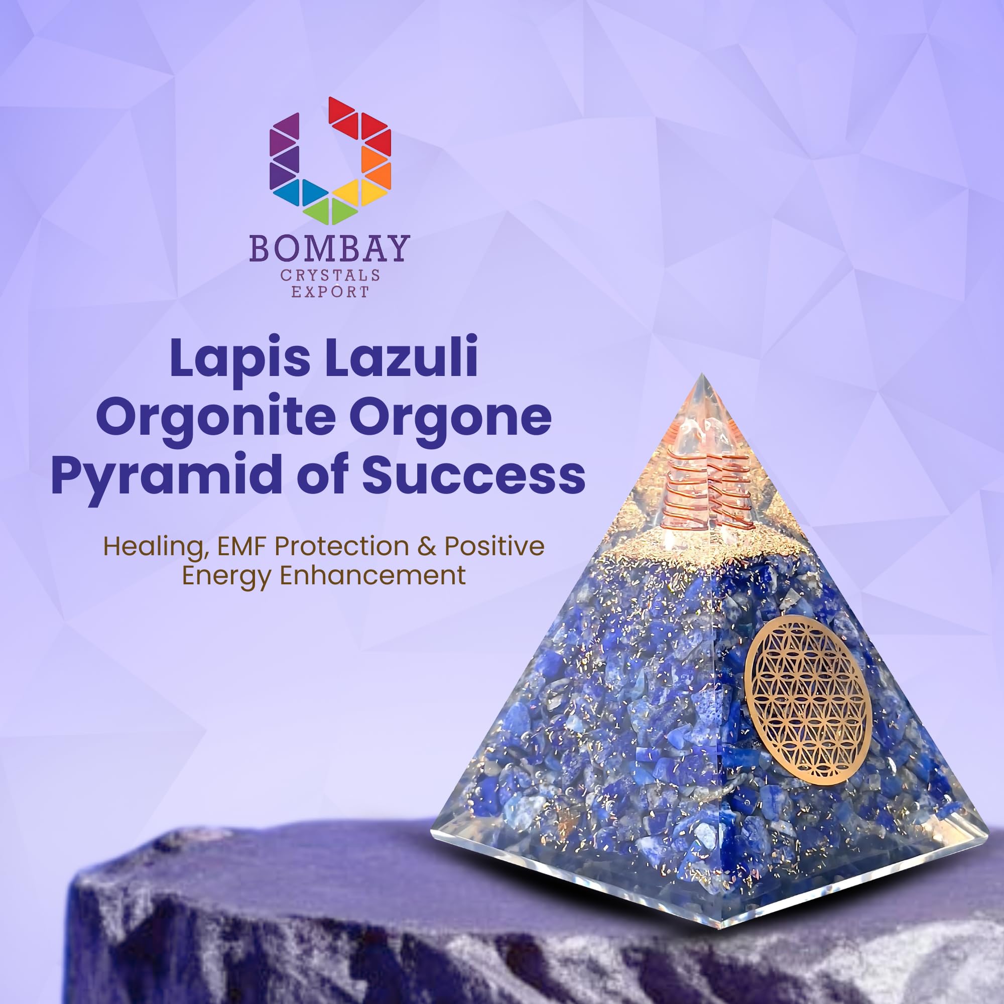 Bombay Crystals Export orgone pyramid lapis lazuli, side angle, supports calm focus during breathing practices.