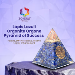 Bombay Crystals Export orgone pyramid lapis lazuli, side angle, supports calm focus during breathing practices.