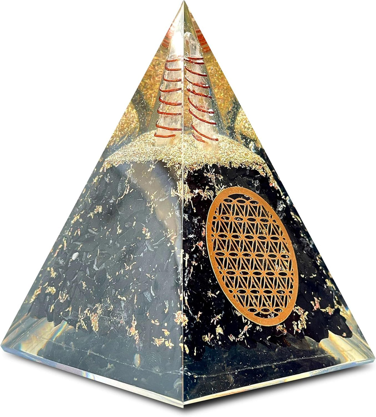 Bombay Crystals Export orgone pyramid with shungite, quartz and copper for focused desk energy.