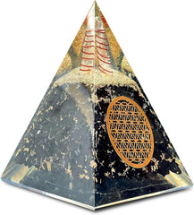 Bombay Crystals Export orgone pyramid with shungite, quartz and copper for focused desk energy.