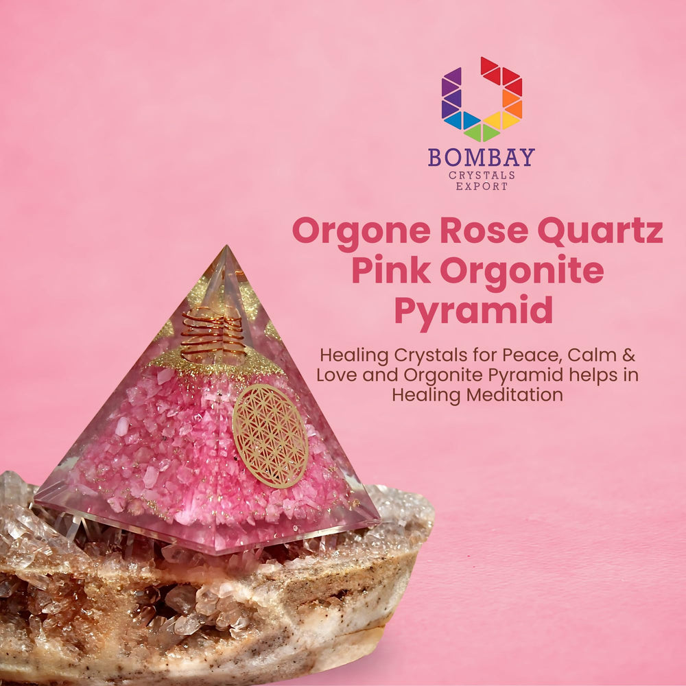 Bombay Crystals Export Rose Quartz Orgone Pyramid closeup highlights copper coil and clear crystals.