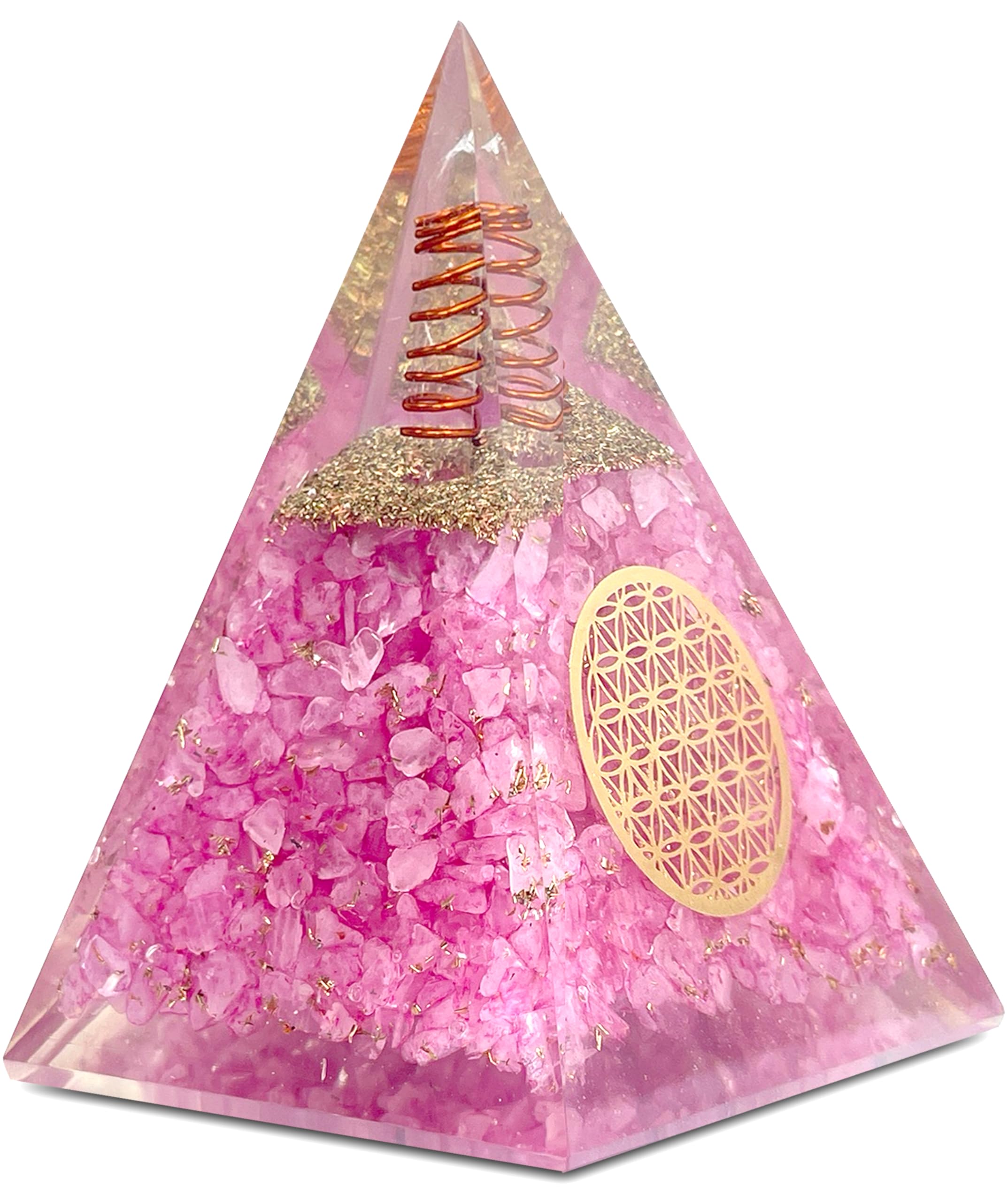 Bombay Crystals Export Rose Quartz Orgone Pyramid with copper coil for calm energy at home.