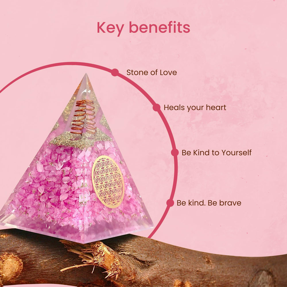 Bombay Crystals Export Rose Quartz Orgone Pyramid on a desk promotes focus and serenity.