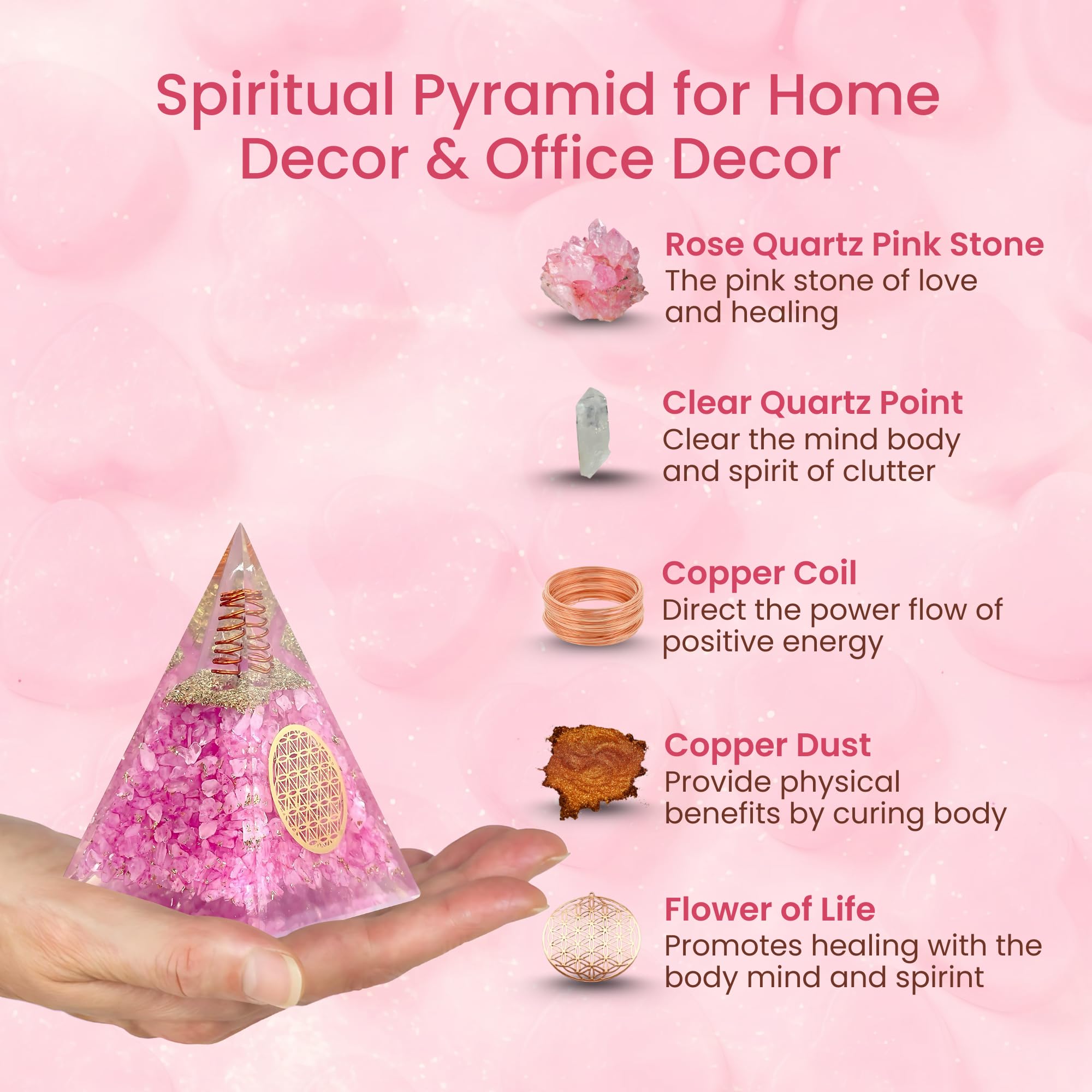 Bombay Crystals Export Rose Quartz Orgone Pyramid supports heart chakra-inspired meditation.