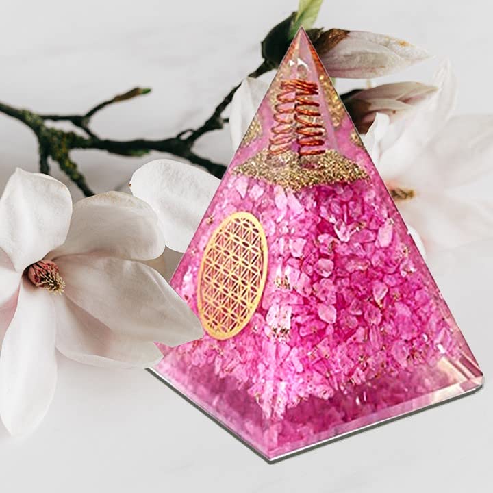 Bombay Crystals Export Rose Quartz Orgone Pyramid meditation corner creates peaceful ambiance.