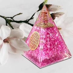 Bombay Crystals Export Rose Quartz Orgone Pyramid meditation corner creates peaceful ambiance.