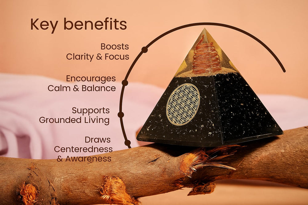 Bombay Crystals Export sacred geometry pyramid adds a grounding focal point.