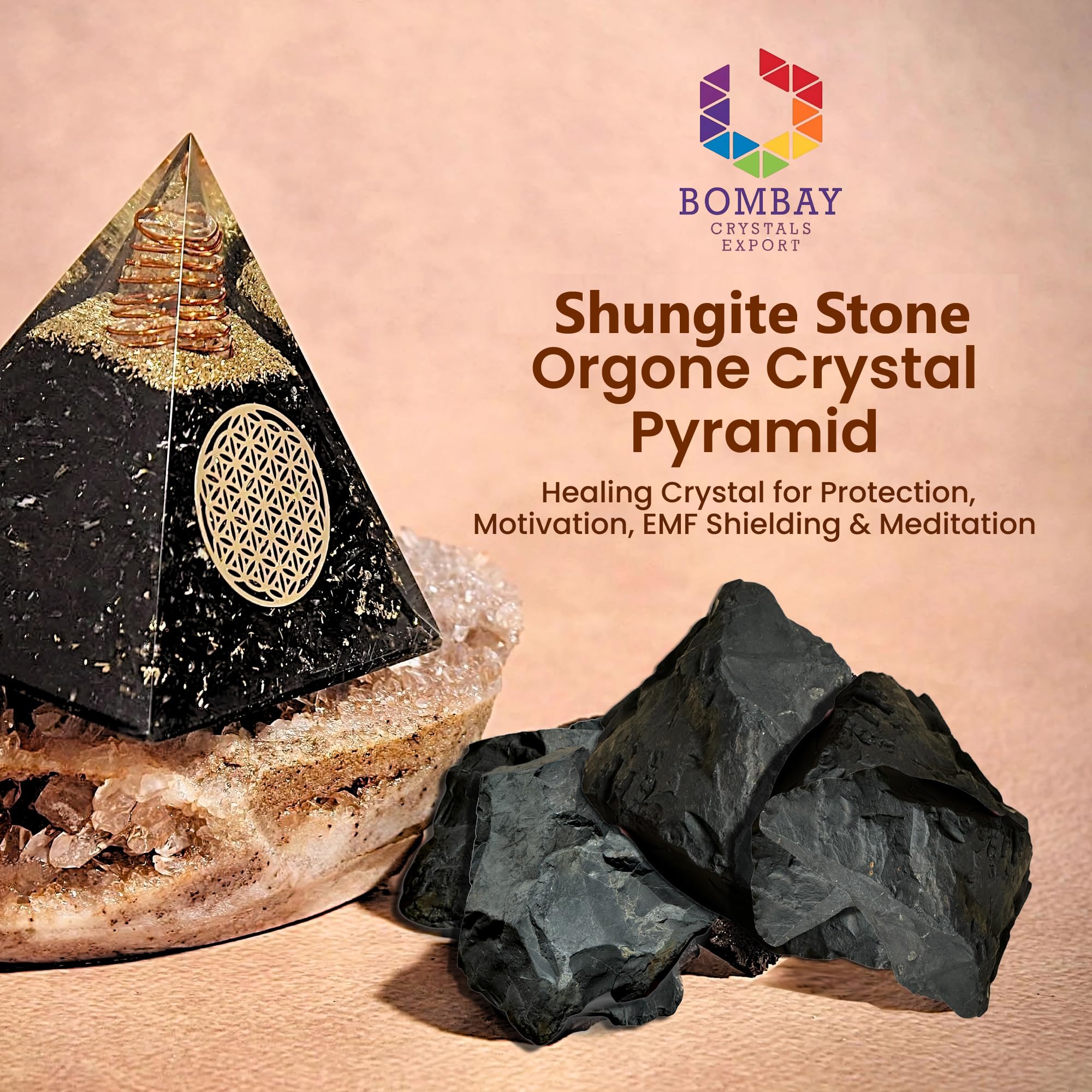 Bombay Crystals Export shungite pyramid featuring sacred geometry for grounding décor.