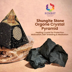 Bombay Crystals Export shungite pyramid featuring sacred geometry for grounding décor.