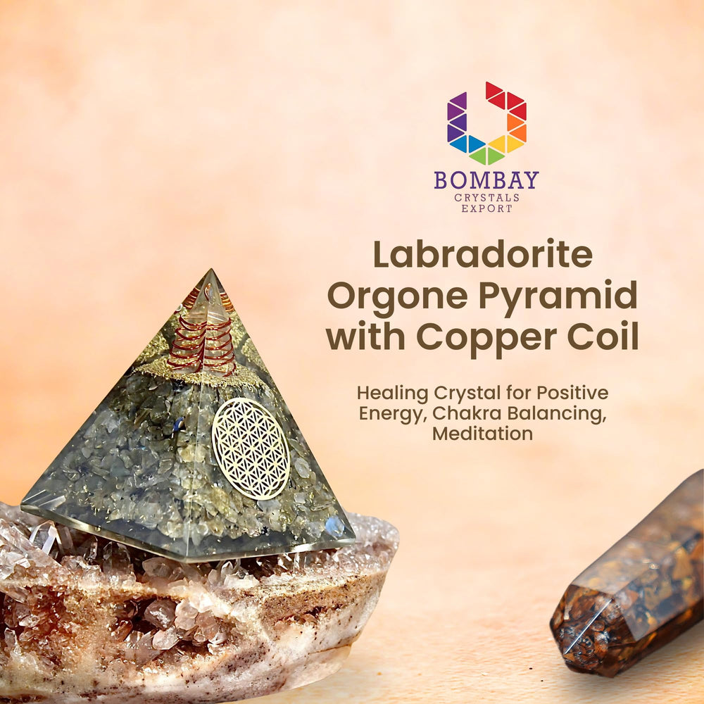 Bombay Crystals Export Flower of Life etched pyramid highlighting symbolic pattern and decor appeal.
