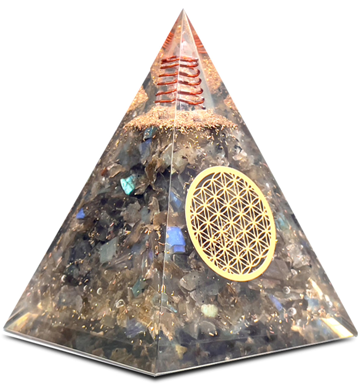 Bombay Crystals Export Labradorite orgonite pyramid with iridescent shimmer for balanced energy vibe.