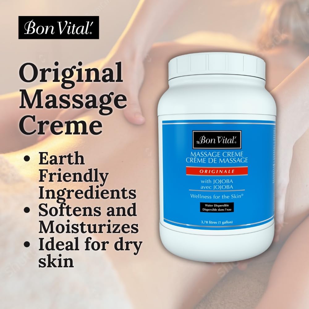 Bon Vital' Original Massage Creme supports muscle manipulation with glide and grip for effective therapy.