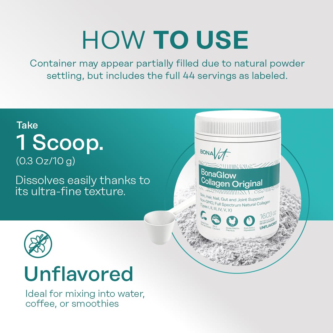 Bonavit Multi Collagen powder scoop measures 44 servings precisely