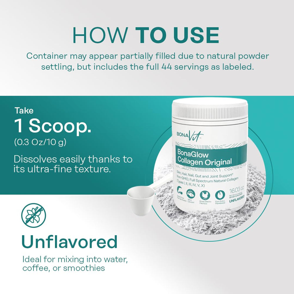 Bonavit Multi Collagen powder scoop measures 44 servings precisely