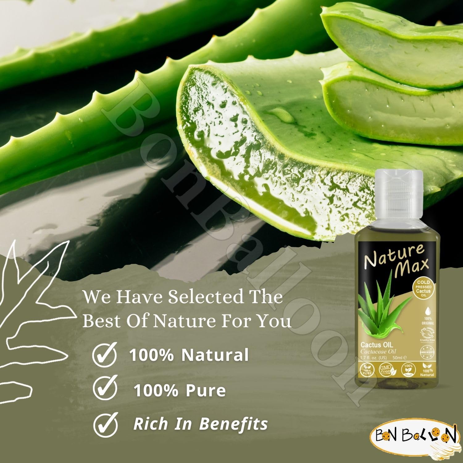 Bonballoon Elhawag cactus oil ingredients emphasize purity and suitability for all types.