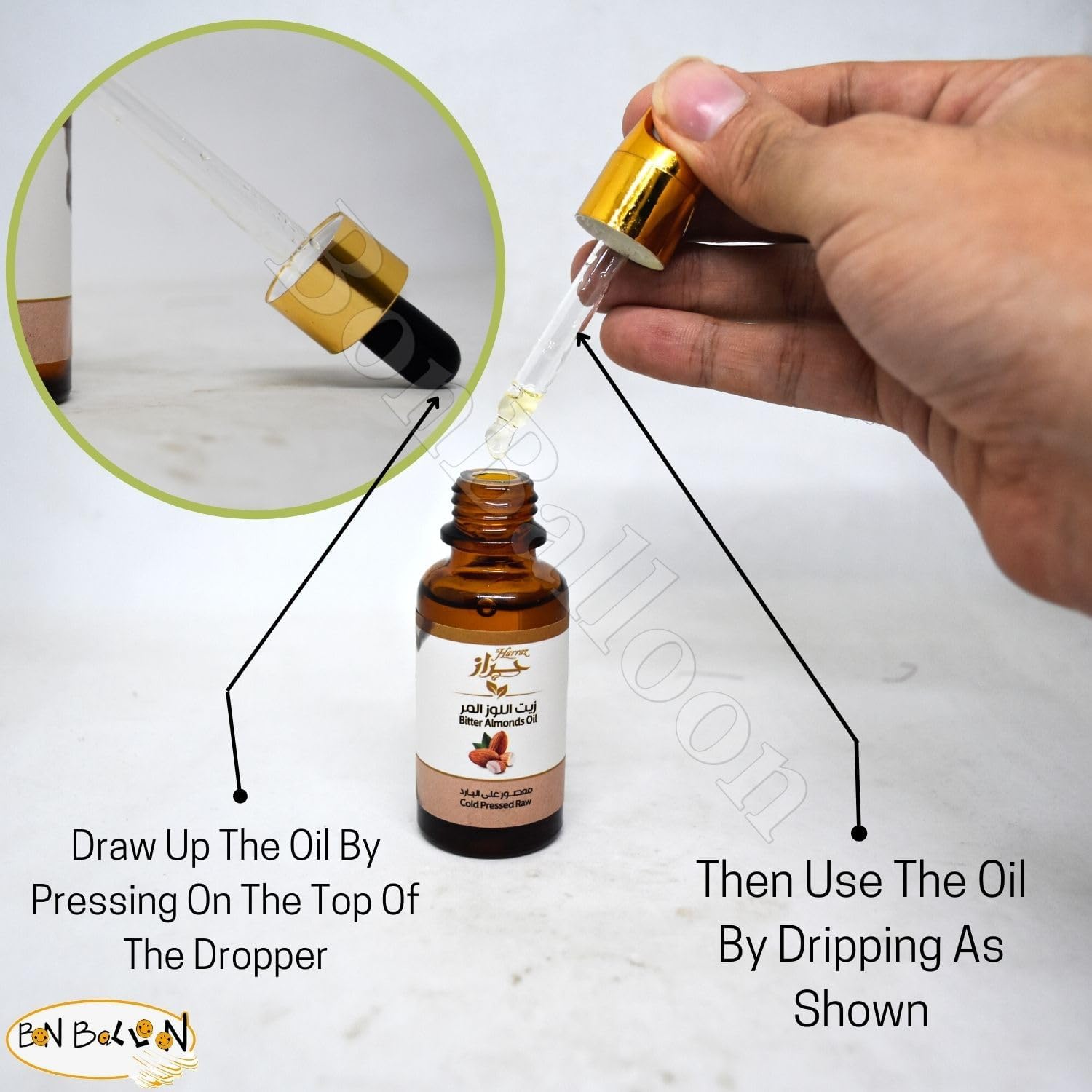 Bonballoon Harraz Bitter Almond Oil bottle showing natural Egyptian origin for skin use