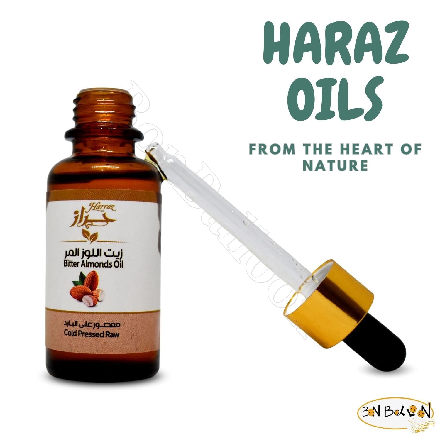 Bonballoon Harraz Bitter Almond Oil label notes 100% pure and additive-free