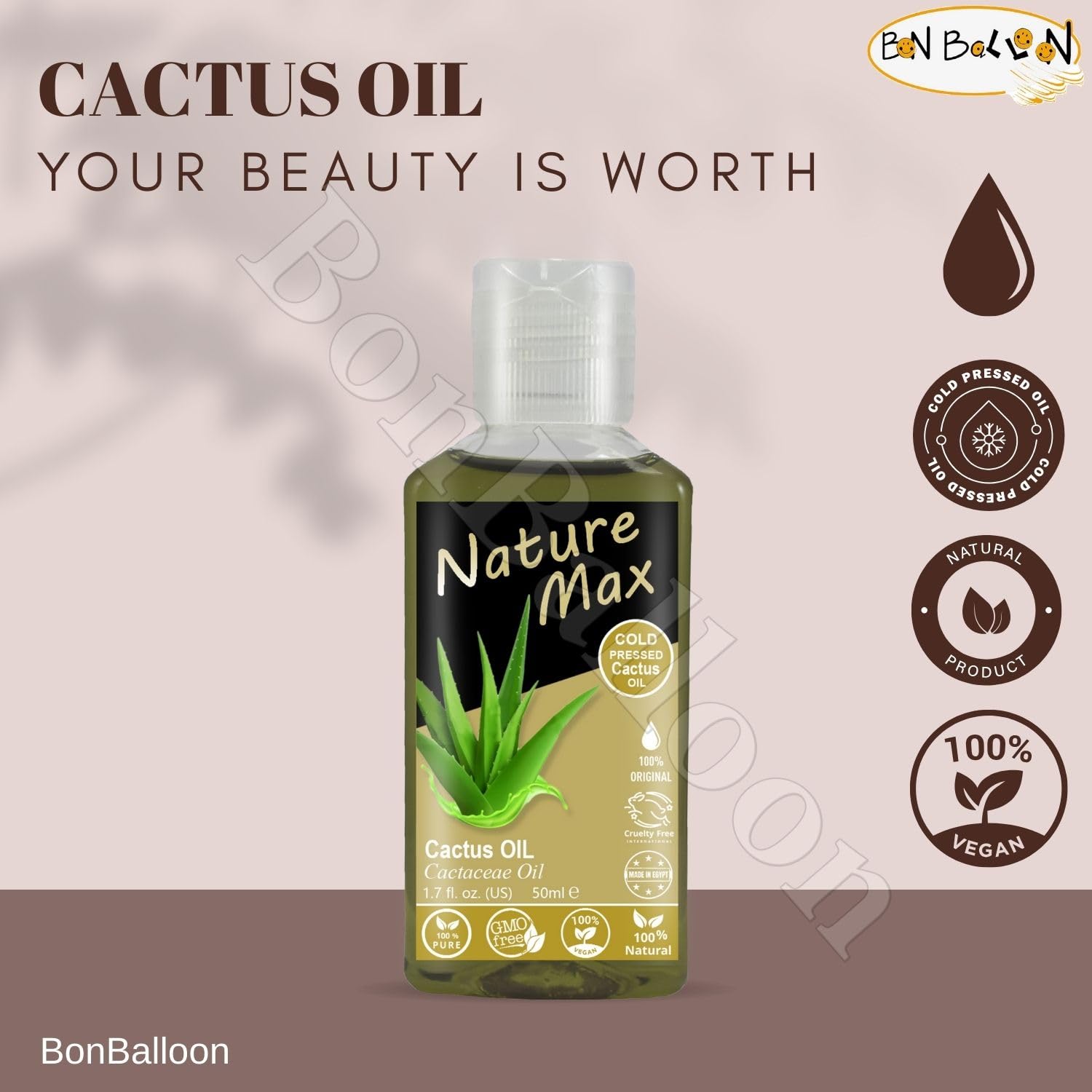 Bonballoon Nature Max cactus oil for skin-use promotes hydration and softness.