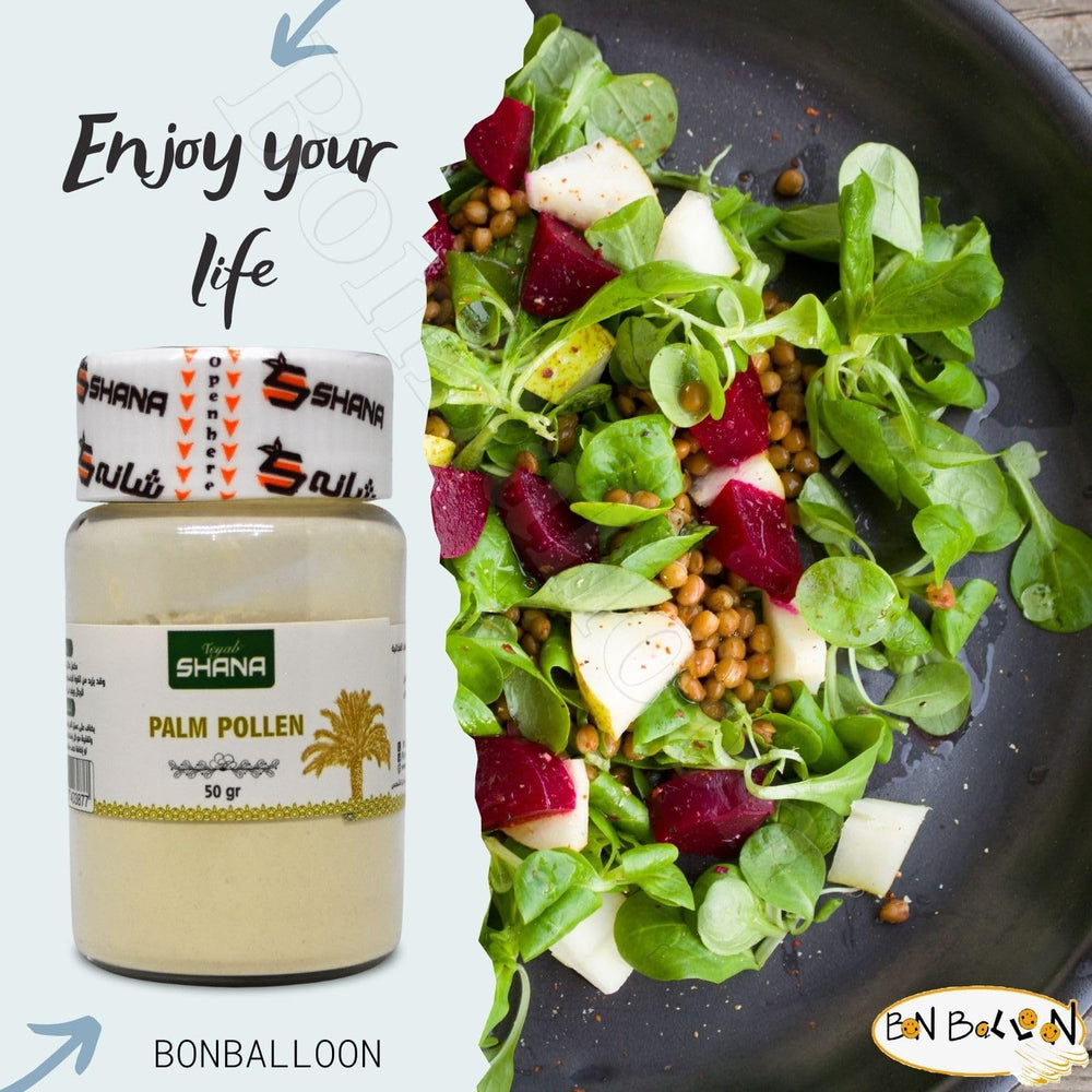 Bonballoon Shana Palm Pollen Powder label communicates purity and 50 g pack