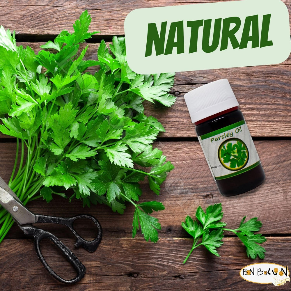 Parsley leaves beside Shana Parsley Oil emphasize herbal freshness.