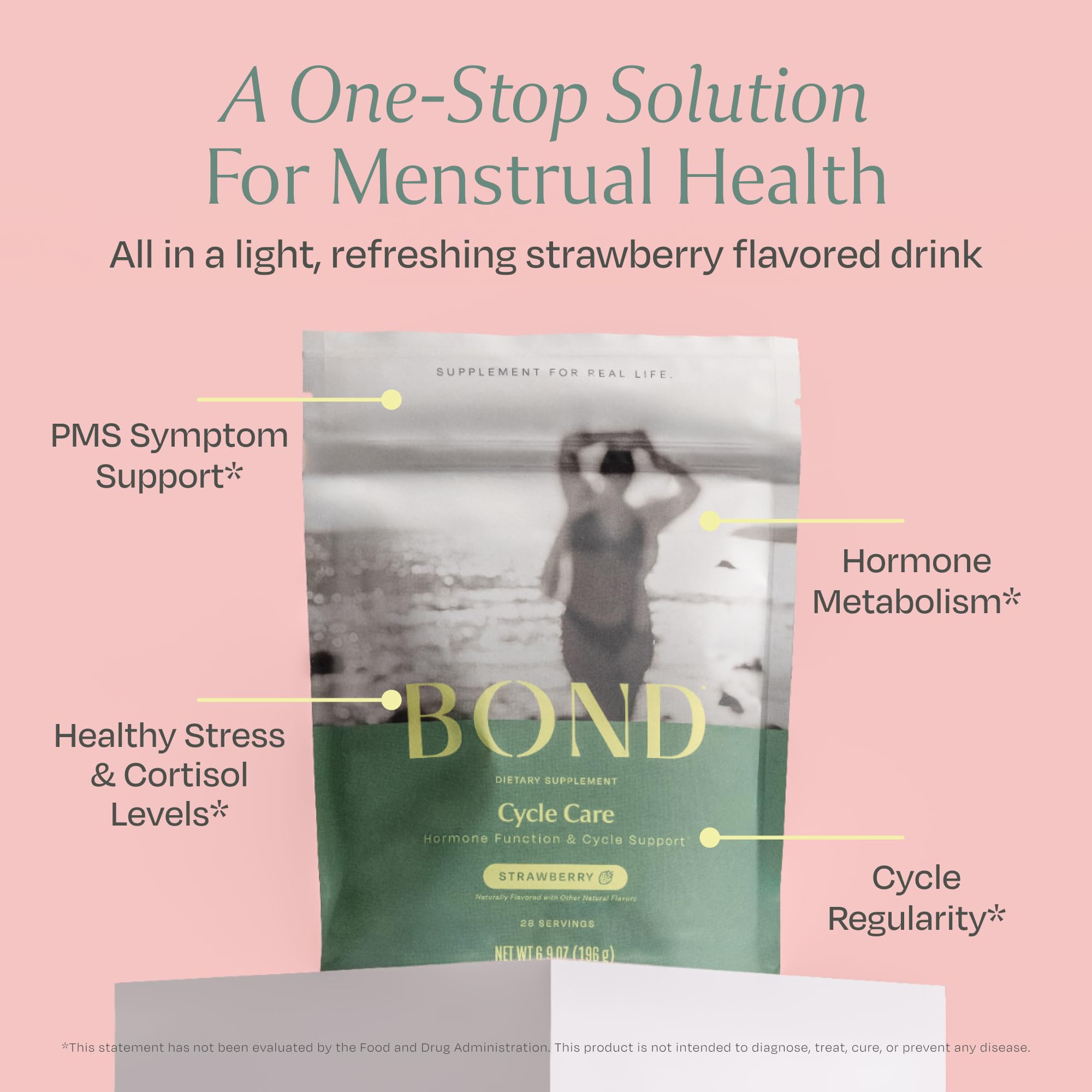 Bond Cycle Care bottle label highlighting vegan, non-GMO promise for hormone balance.