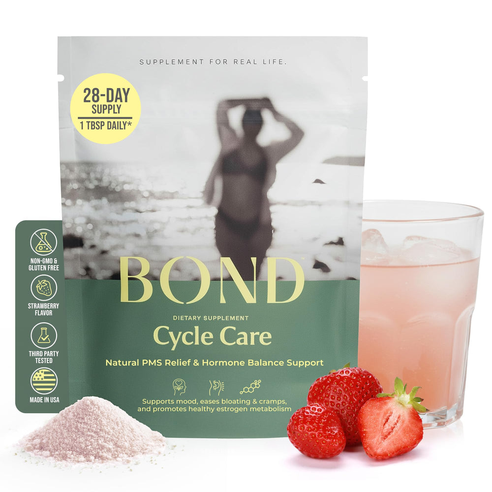 Bond Cycle Care bottle showing the strawberry formula for daily mood guidance.