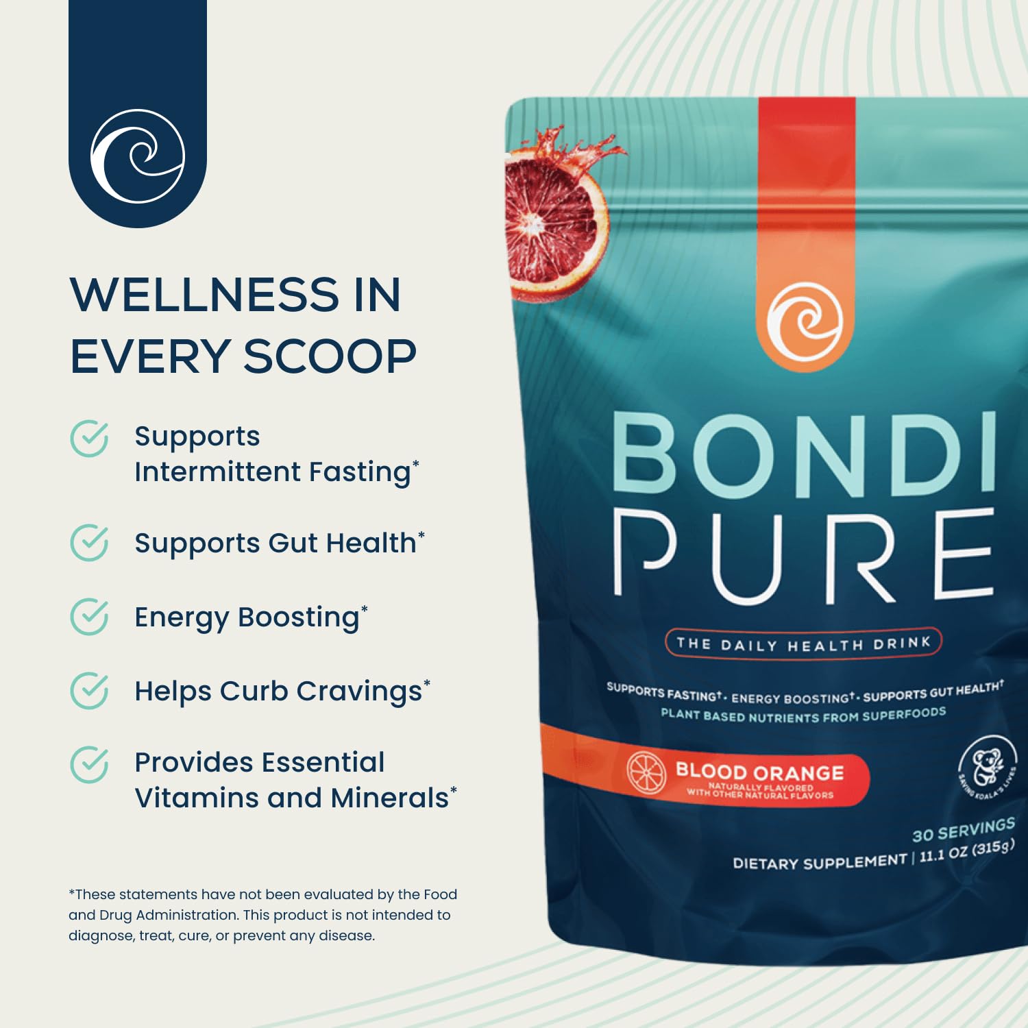 Bondi Pure Blood Orange powder tub ready for quick mixing to support daily energy.