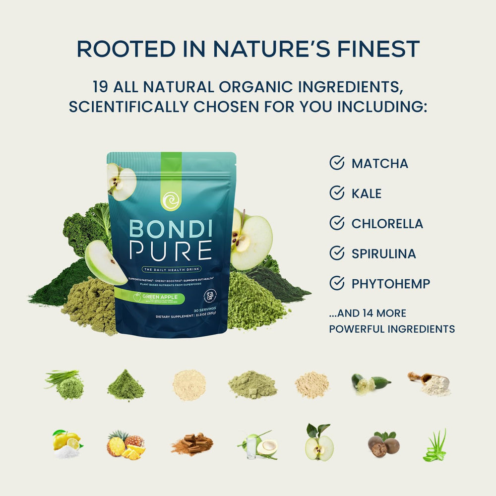 Bondi Pure organic grasses superfoods close-up showing greens formula.