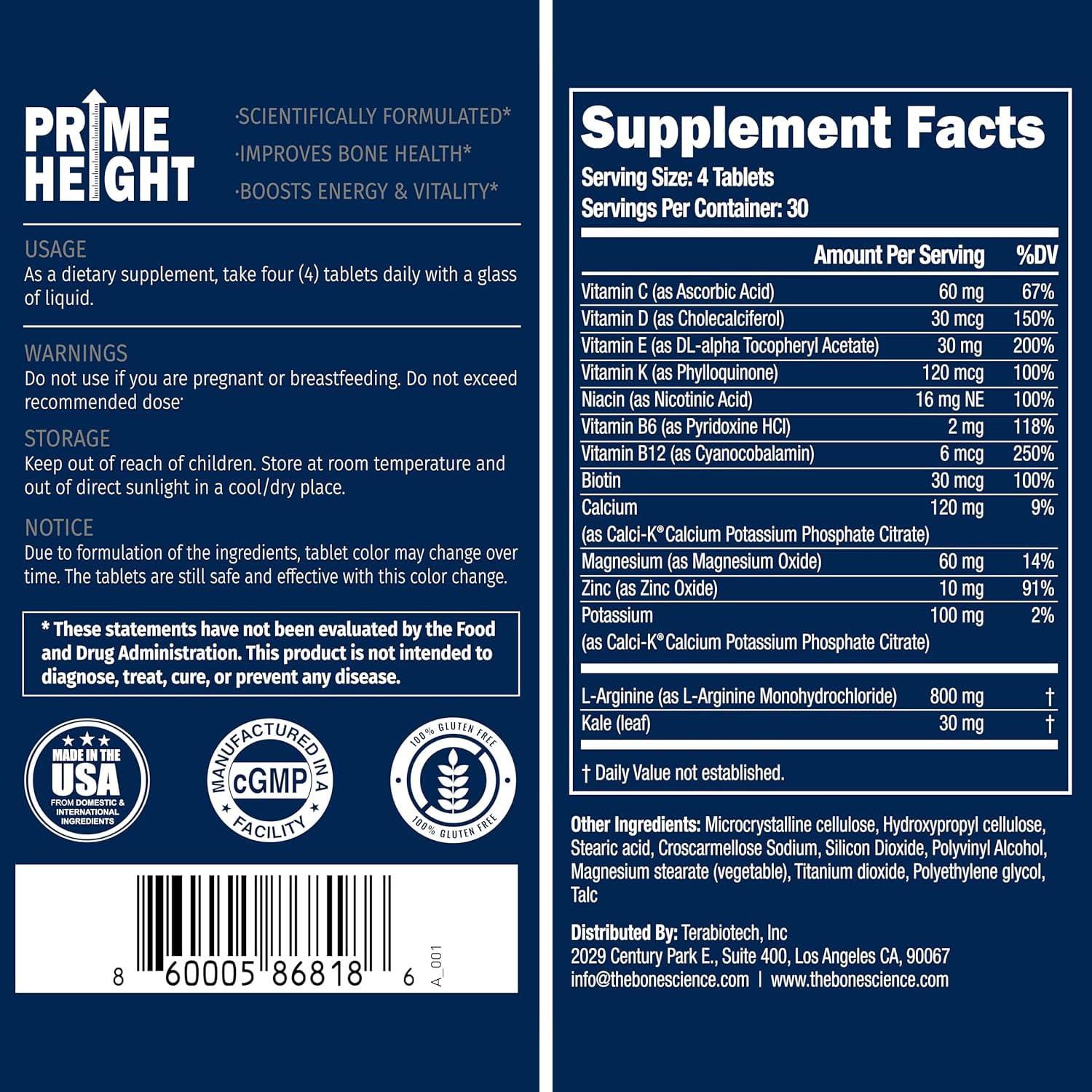 Prime Height tablets close-up, natural and vegan formulation.
