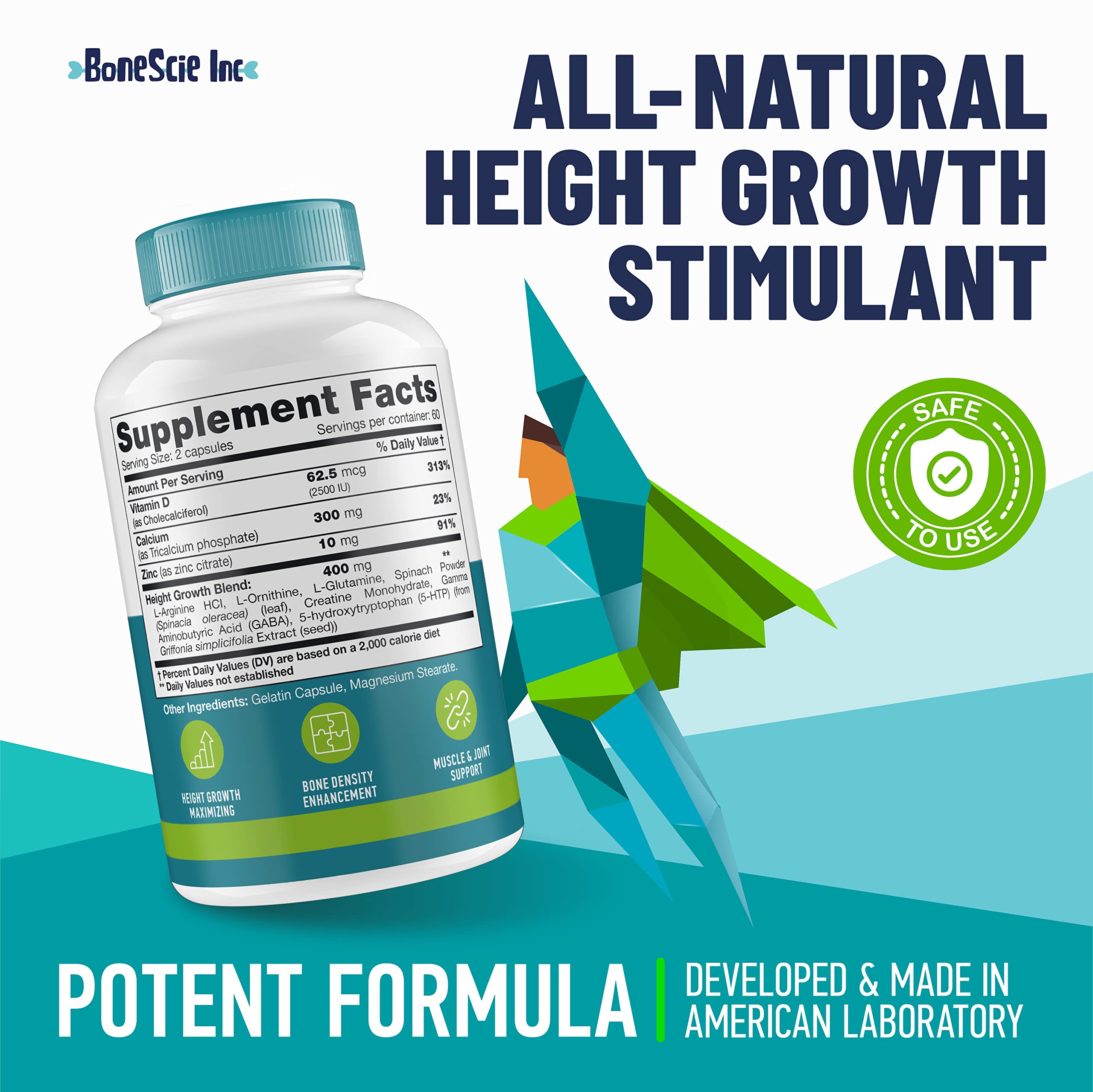Bonescie Inc daily capsules closeup showing easy-to-take growth supplement