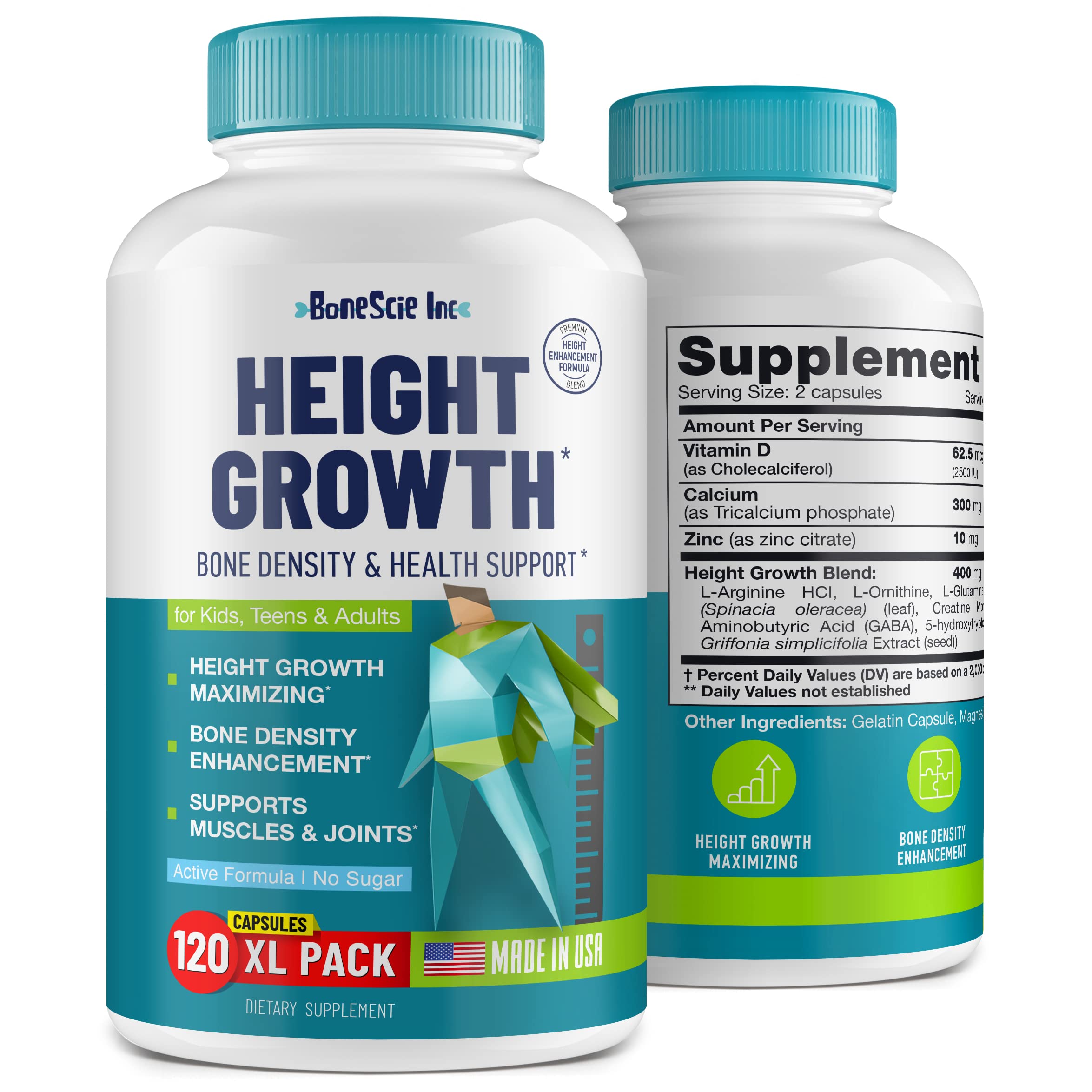 BONESCIE INC height growth bottle demonstrates daily nutrient support for bone health