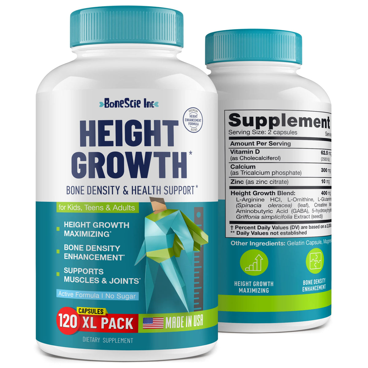 BONESCIE INC height growth bottle demonstrates daily nutrient support for bone health