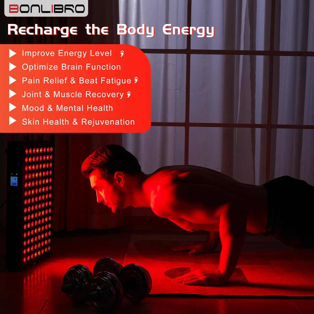 BONLIBRO red light therapy panel over the body for at-home recovery sessions.