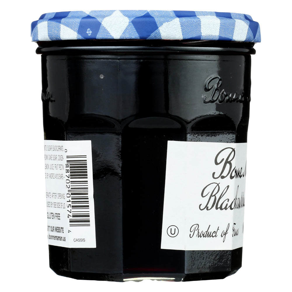Bonne Maman Black Currant Jelly label closeup highlighting classic recipe heritage.