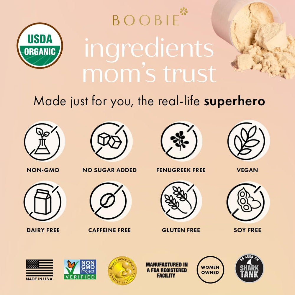 Boobie Body vitamin D label close-up, noting 1000 IUs per serving.