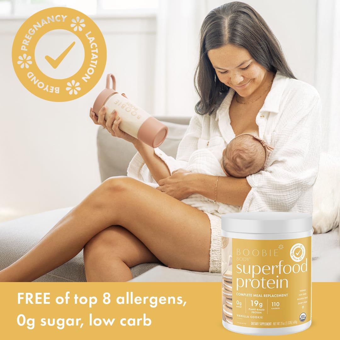 Boobie Body postpartum mom preparing shake, a convenient meal replacement idea.