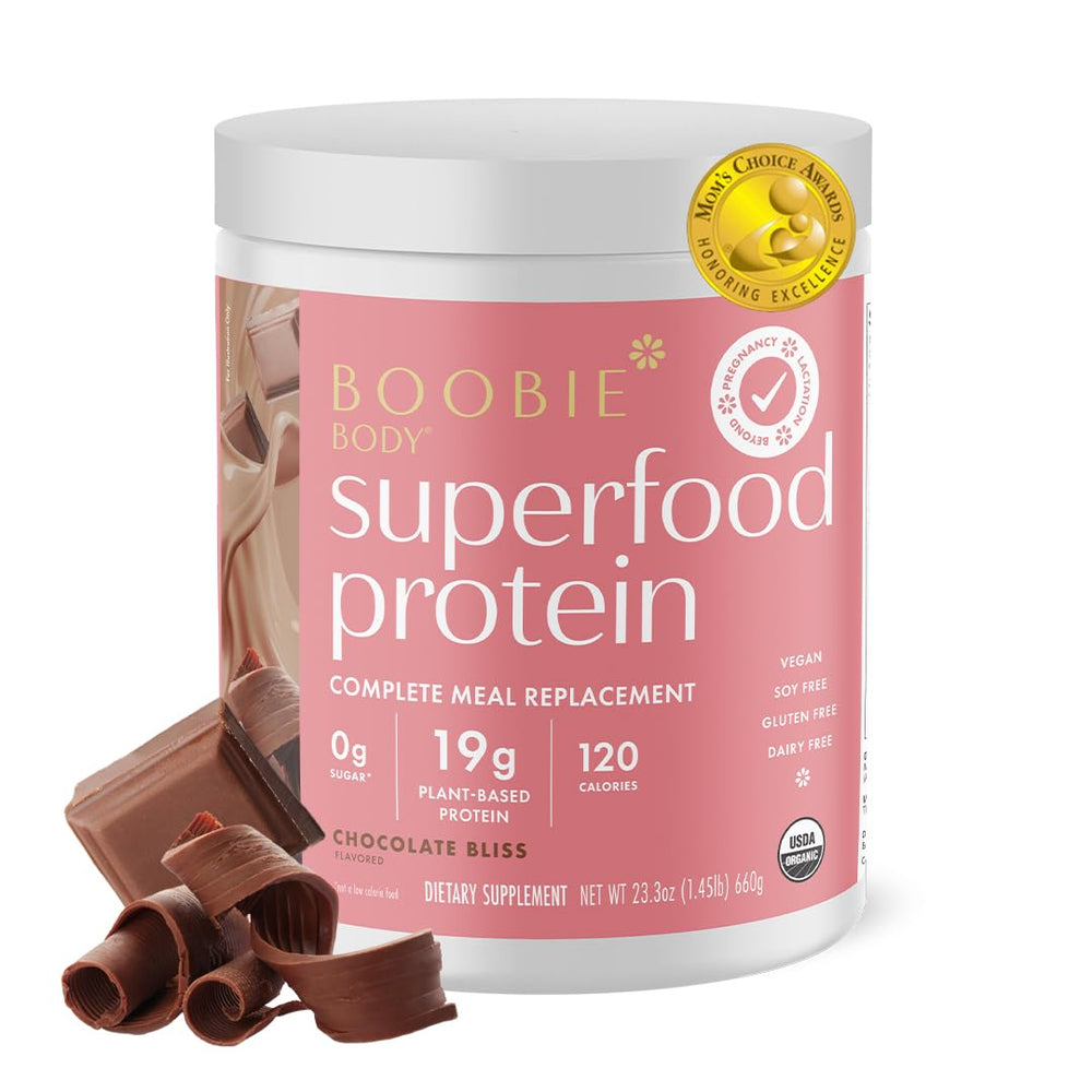 Boobie Body protein bottle showing 19g plant-based protein for busy moms