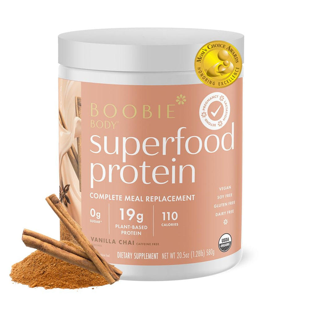 Boobie Body vanilla chai protein tub front, vegan protein for busy moms.