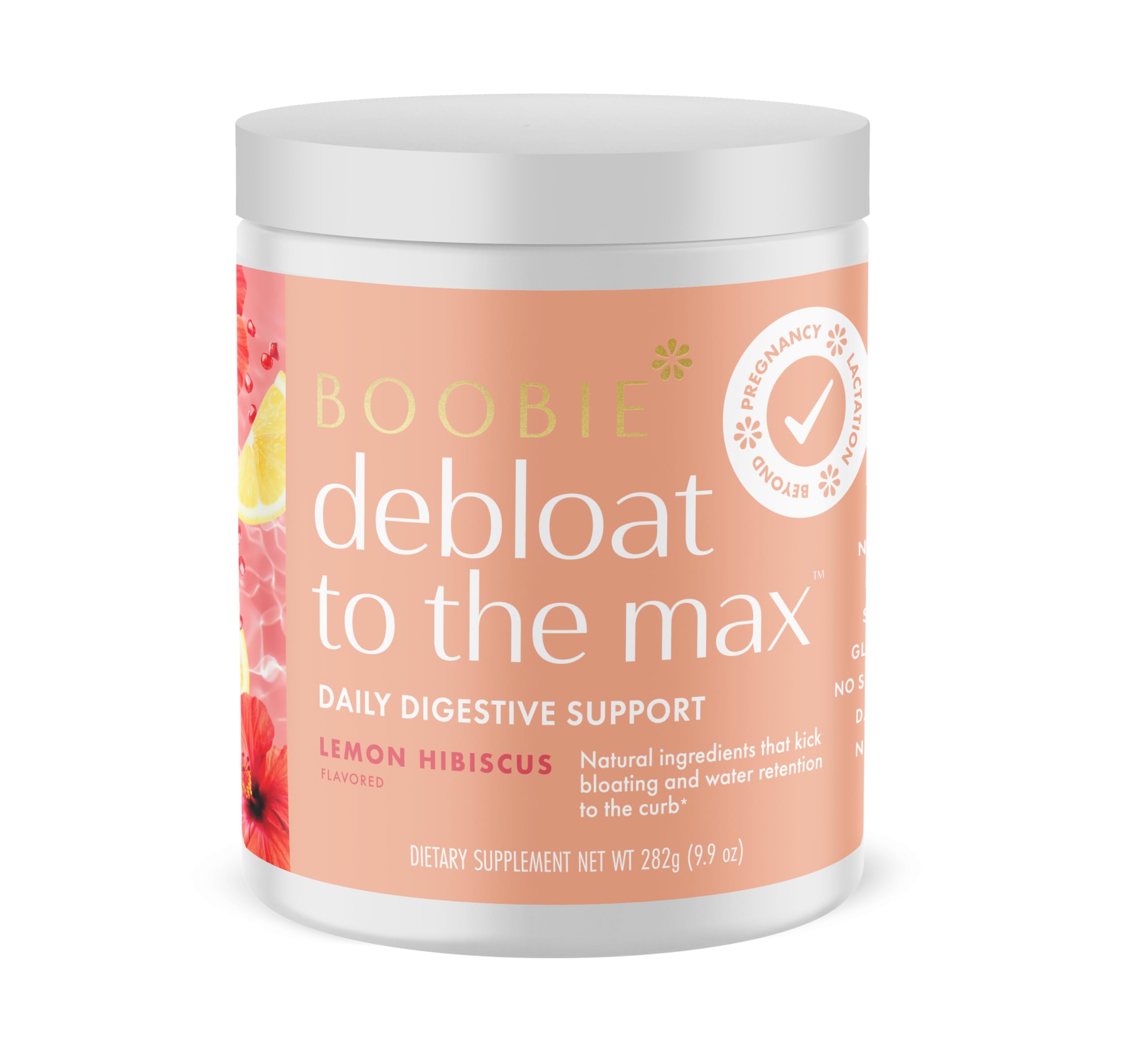 Boobie Debloat to the Max bottle front with lemon hibiscus flavor for gut comfort.
