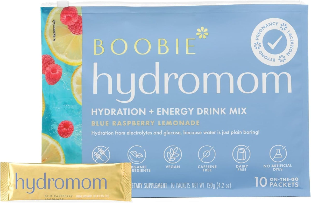 Boobie Hydromom blue raspberry lemonade packet for on-the-go hydration and flavor.