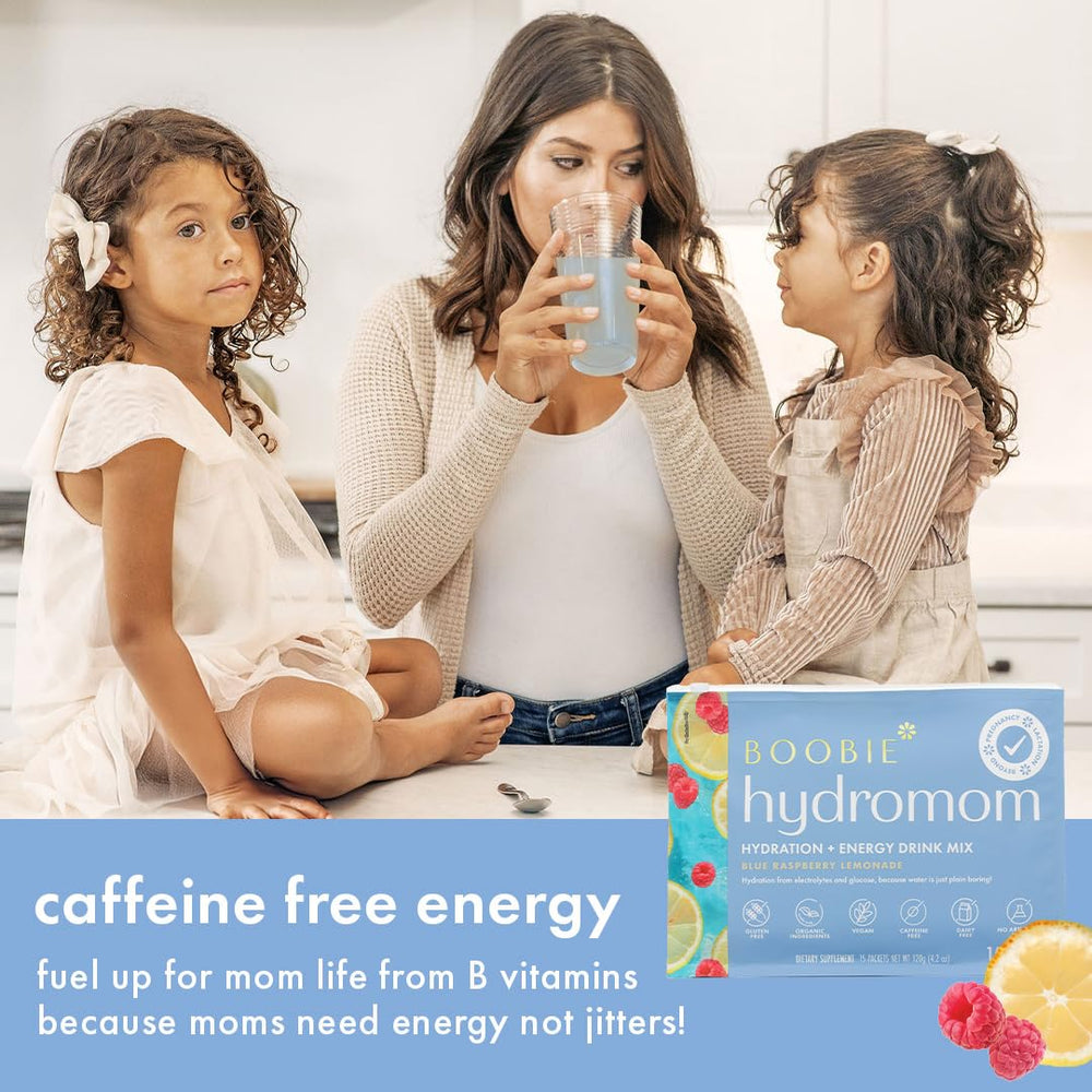 Blue raspberry lemonade Hydromom packet provides refreshing hydration during travel.