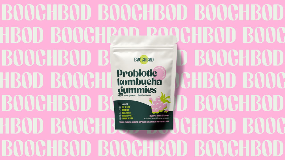 BoochBod gummy bottle in gym bag for on-the-go wellness.