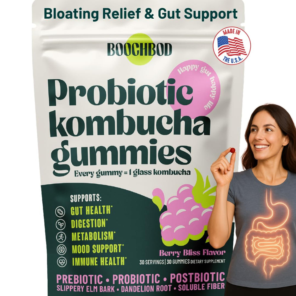 BoochBod Probiotic Kombucha Gummies bottle promotes on-the-go gut health.