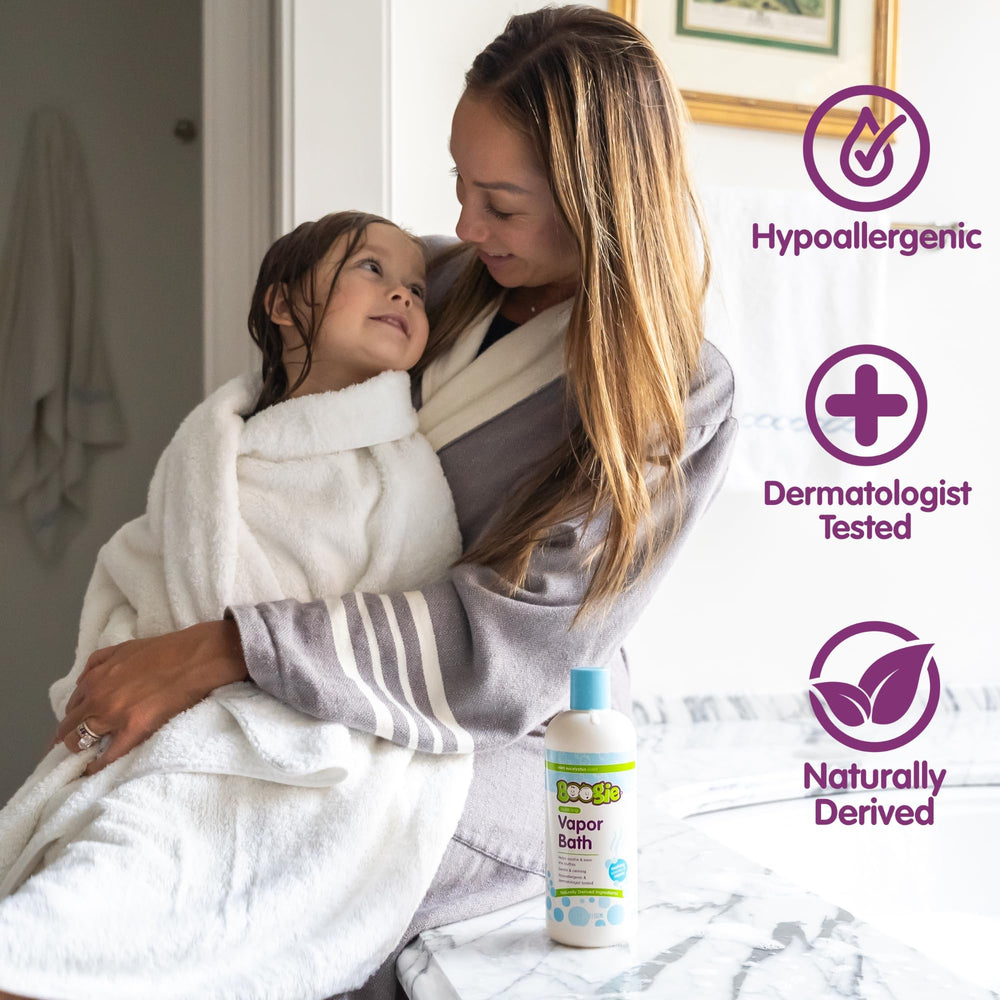 Boogie Kids Bubble Bath hypoallergenic, dermatologist-tested formula highlighted on packaging.