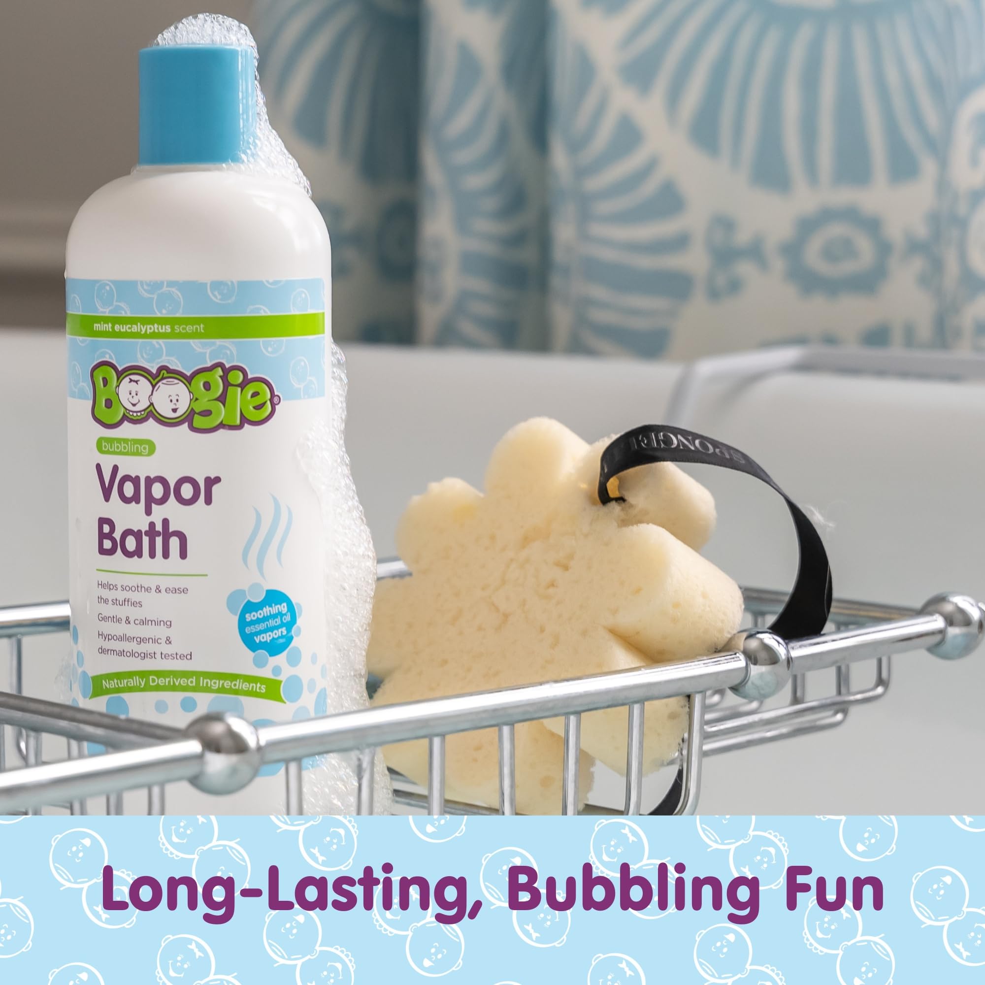 Boogie Kids Bubble Bath label close-up shows natural ingredients and essential oils.