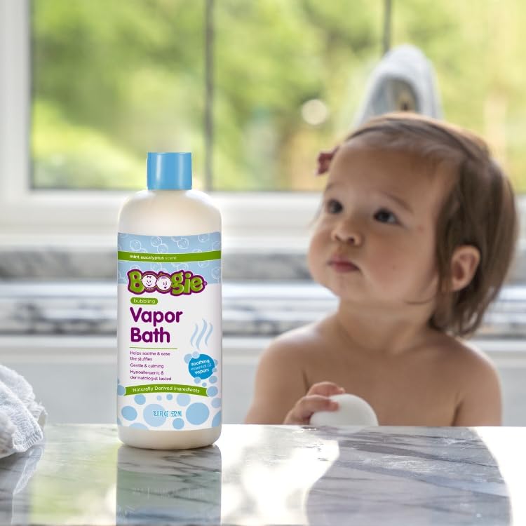 Boogie Kids Bubble Bath vapor effect highlighting mint eucalyptus aroma for a soothing bath.
